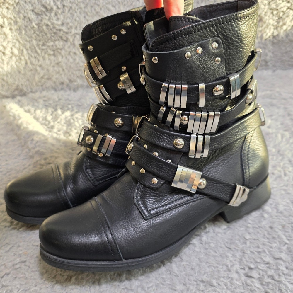 Black Studded Strap Ankle Boots - Women - Picture 2 of 13
